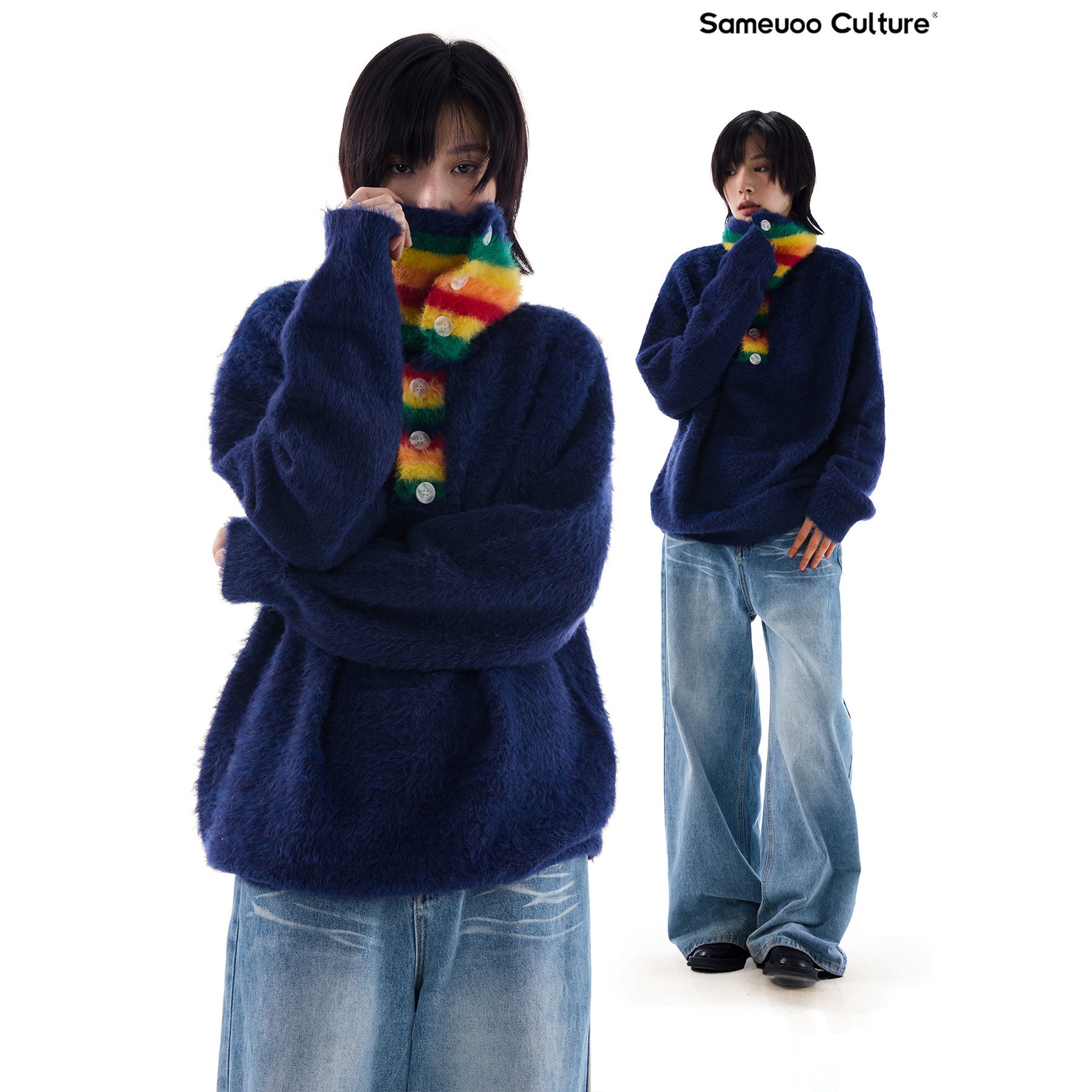 sameuoo散养文化撞色条纹领毛衣女秋冬季设计感彩虹高领情侣上衣,女装/女士精品,毛衣,淘宝优惠券,粉丝福利购,淘宝优惠卷