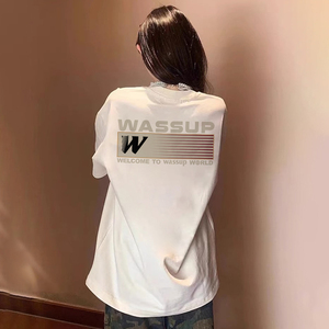 WASSUP HEODS红杠间隔字母t恤短袖女夏季纯棉美式潮牌宽松男上衣