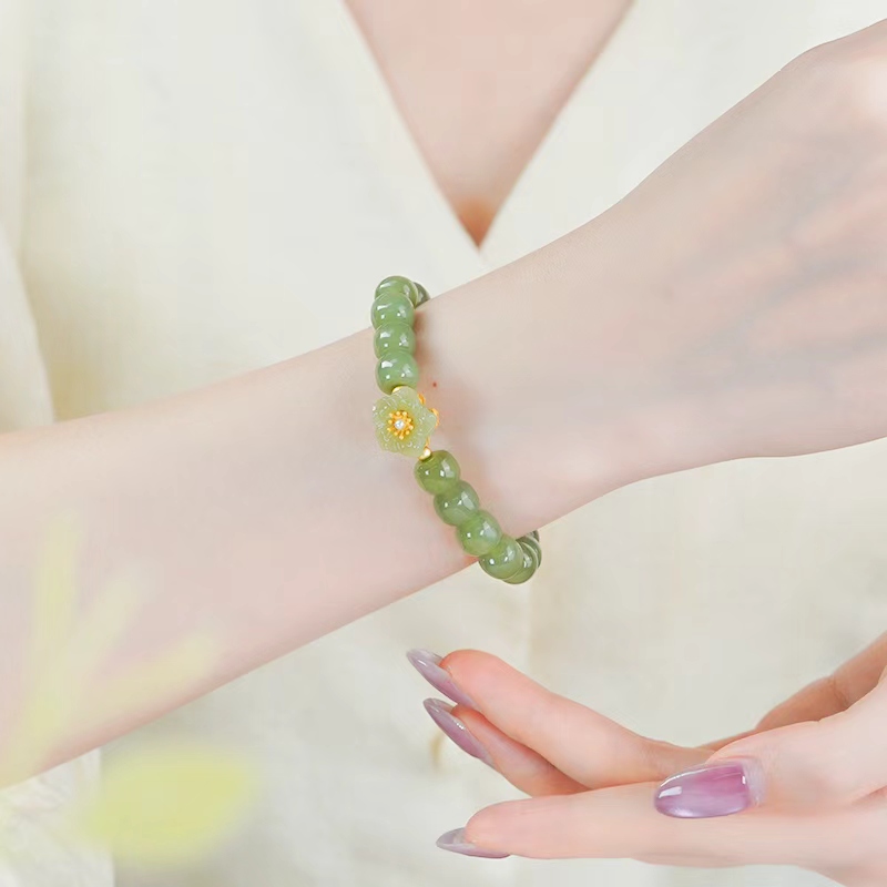 洛丽亚天然和田玉手串镶嵌精致大气简约碧玉桃花圆珠手链