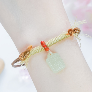 洛丽亚天然和田玉时尚古法女款晴水色平安无事牌手牌手绳