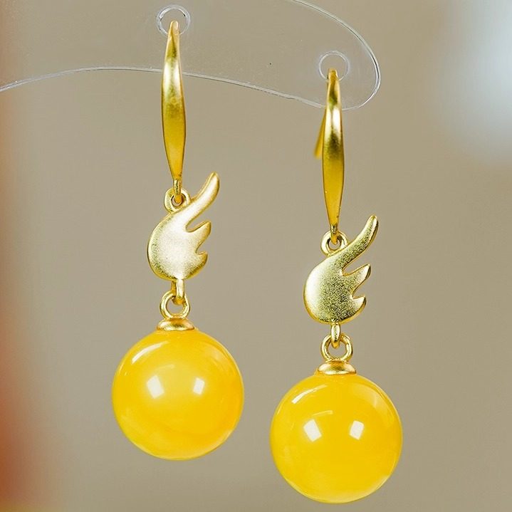 天然蜜蜡耳环银镶嵌时尚简约翅膀设计满蜜满蜡单珠圆珠耳坠耳钩款