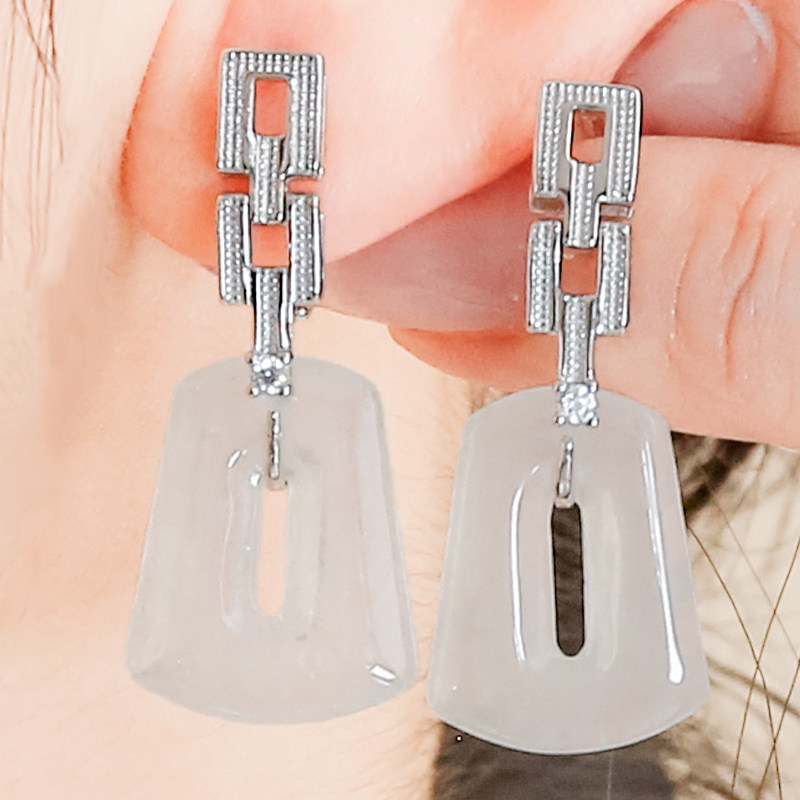 天然翡翠A货时尚高冰透方糖设计翡翠银色方形平安扣耳钉耳环一对,珠宝/钻石/翡翠,耳饰,淘宝优惠券,粉丝福利购,淘宝优惠卷