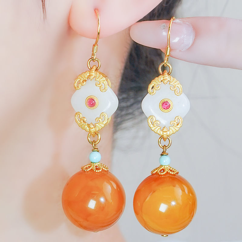 天然蜜蜡耳环银镶圆珠耳耳钩耳坠