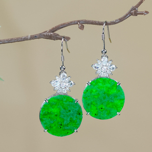 节日送礼天然翡翠A货银镶嵌时尚简约花瓣扣头辣阳绿圆牌耳环耳钩