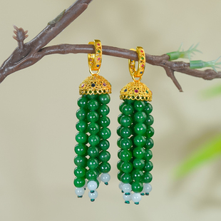 18K金精致镂空古法工艺天然和田玉碧玉菠菜绿小米珠流苏耳钉耳扣
