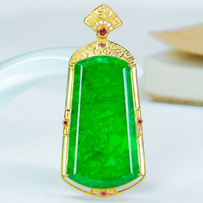 18K金镶A货满绿翡翠无事牌项链