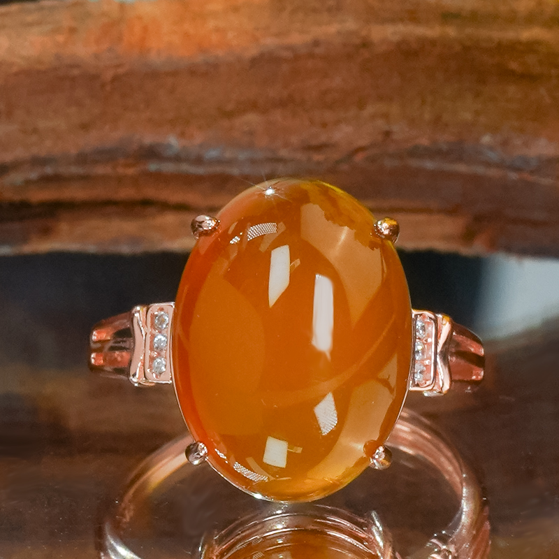 洛丽亚天然玛瑙银镶嵌时尚简约高级感玉石椭圆蛋面戒指