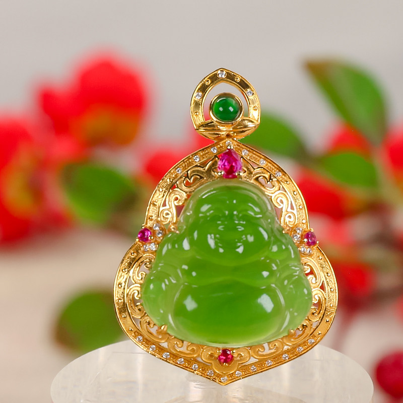 洛丽亚14K金天然和田玉 精致满绿碧玉佛公吊坠（小款）