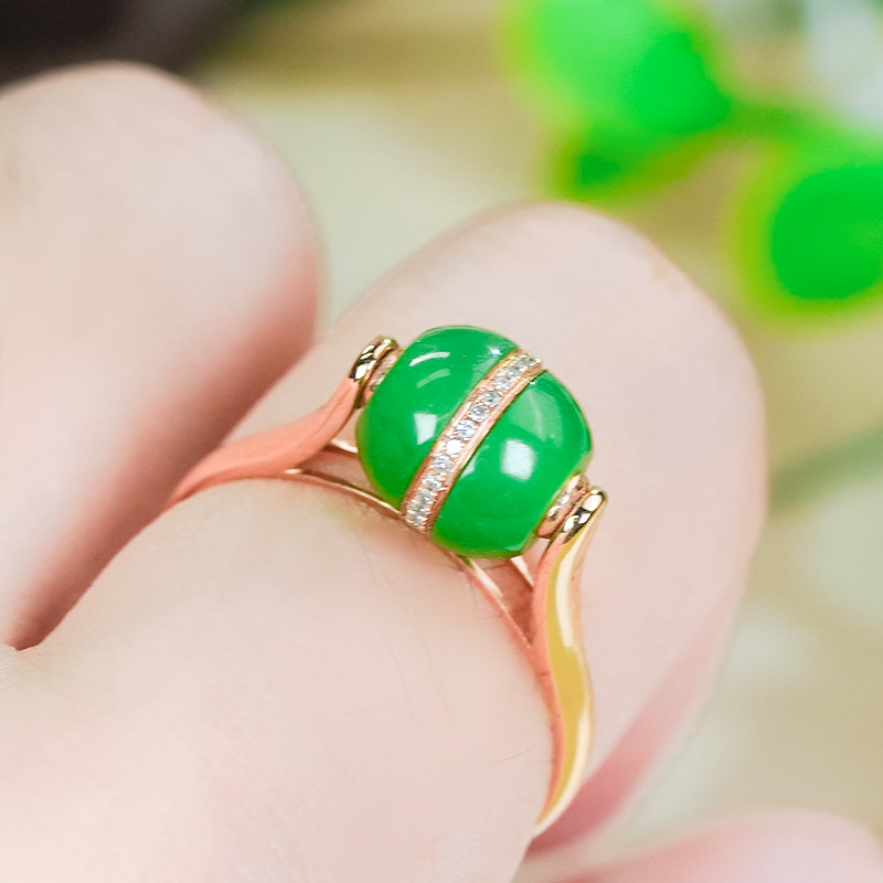 七夕送礼 18K金镶玉天然和田玉碧玉苹果绿路路通转运珠戒指玫瑰金