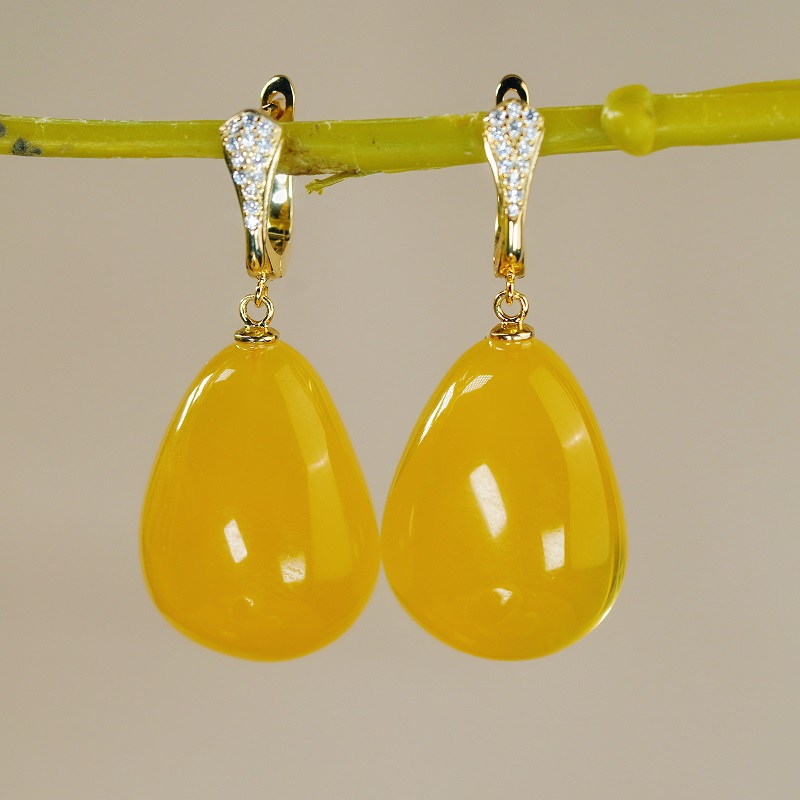 天然蜜蜡银镶大气简约百搭蜜蜡大款水滴耳包耳环耳扣一对