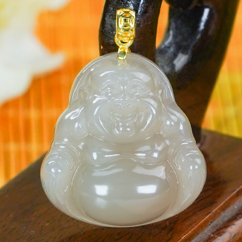 天然和田玉银镶嵌精致手工雕刻工艺烟紫色佛公吊坠