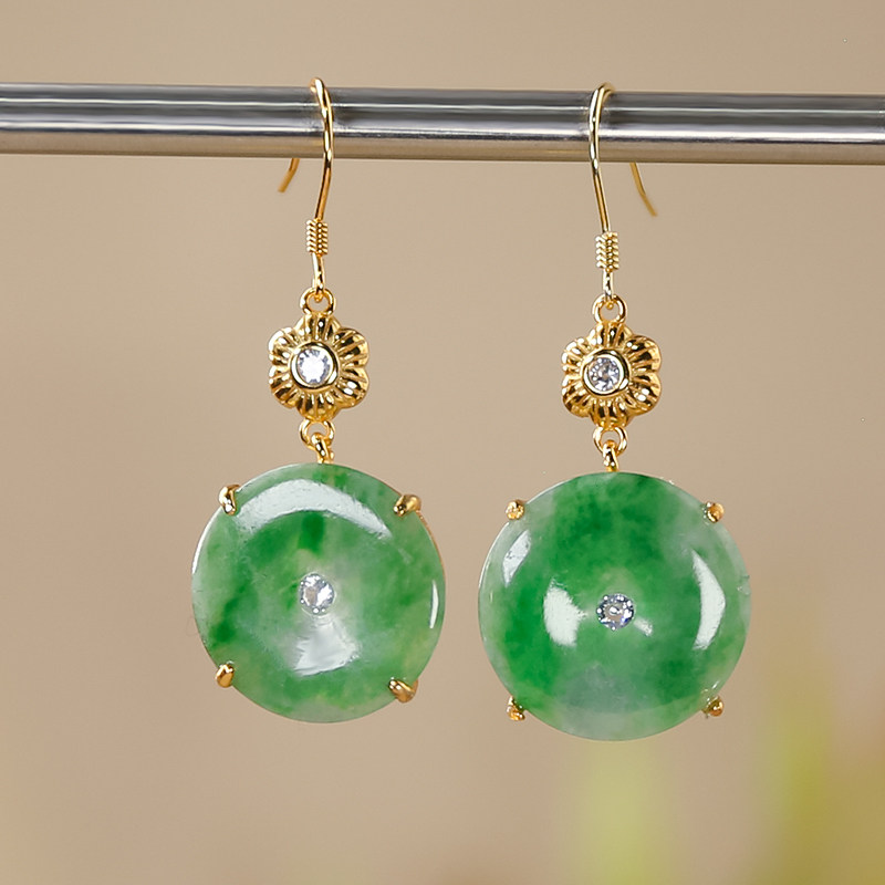 新款耳坠天然翡翠A货时尚阳绿圆牌平安扣翡翠耳环耳坠一对
