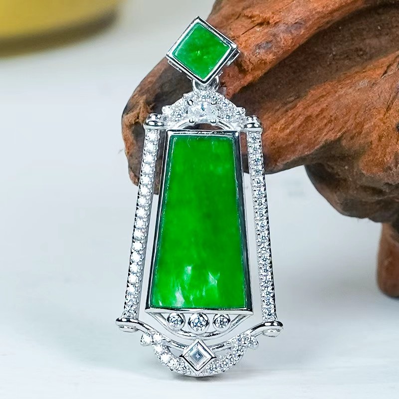 节日送礼天然翡翠A货银镶嵌无事牌翡翠玉坠时尚镂空简约梯形吊坠