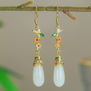 天然和田玉银镶精致梅花设计白玉长款 水滴耳环耳钩情人节礼物