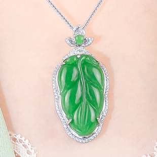 天然和田玉银镶嵌时尚 精致菠菜绿和田玉大叶有成叶子吊坠绿项链