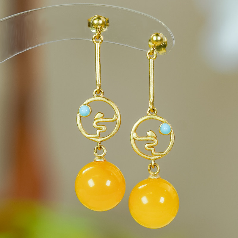 新中式天然蜜蜡银镶嵌精致长款设计满蜜满蜡单珠圆珠耳钉耳环耳坠