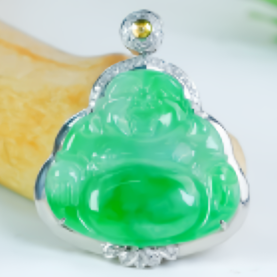 18K金镶玉佛公吊坠天然翡翠饰品A货精致雕刻阳绿弥勒佛翡翠玉坠