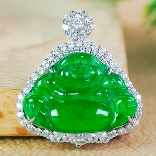 925银镶嵌天然翡翠佛公吊坠a货精致时尚雕刻帝绿色翡翠玉佛项链