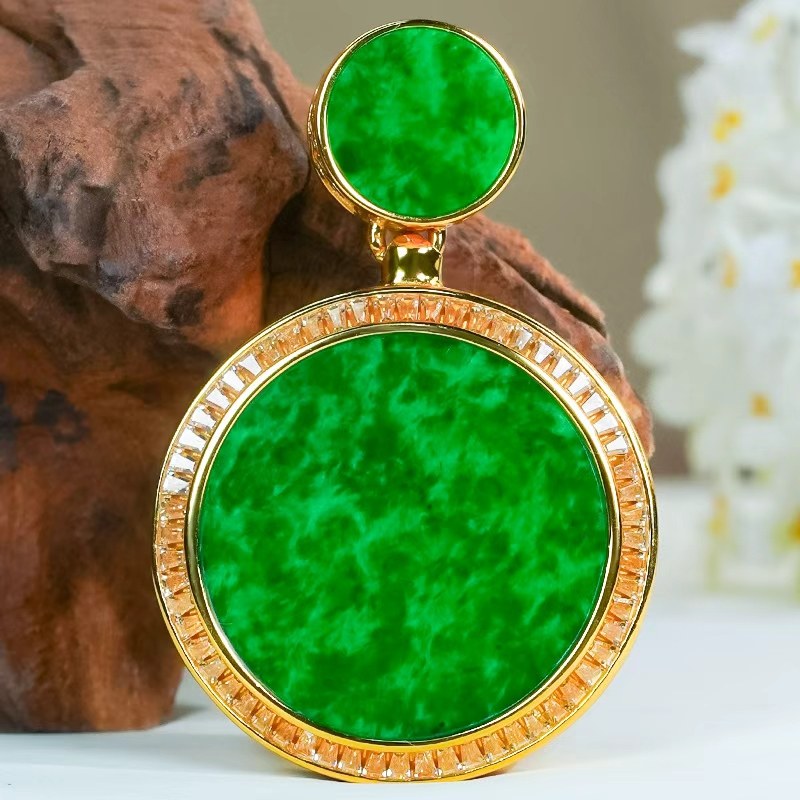 无事牌圆牌正阳绿翡翠a货子母大小圆银镶轻奢吊坠配银链子套装