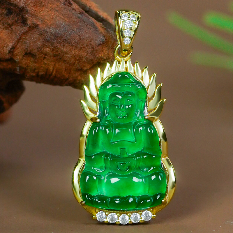 天然满绿观音翡翠吊坠银镶嵌新中式国风豪镶冰辣绿千手观音玉坠