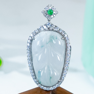 天然高冰翡翠叶子吊坠银镶嵌精致雕刻冰飘花 玉坠