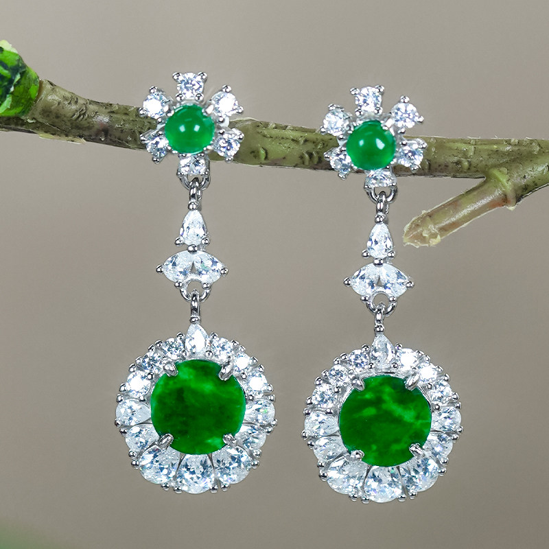 礼物送女友天然翡翠A货925银镶嵌一点绿繁星环绕翡翠花朵圆牌耳钉