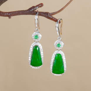 天然翡翠A货精致设计感辣绿翡翠银白色椭圆状扇形耳环耳坠耳钩