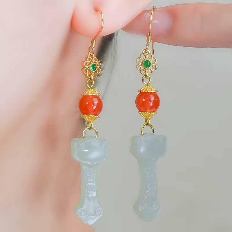 天然和田玉镂空如意牌耳环耳钩