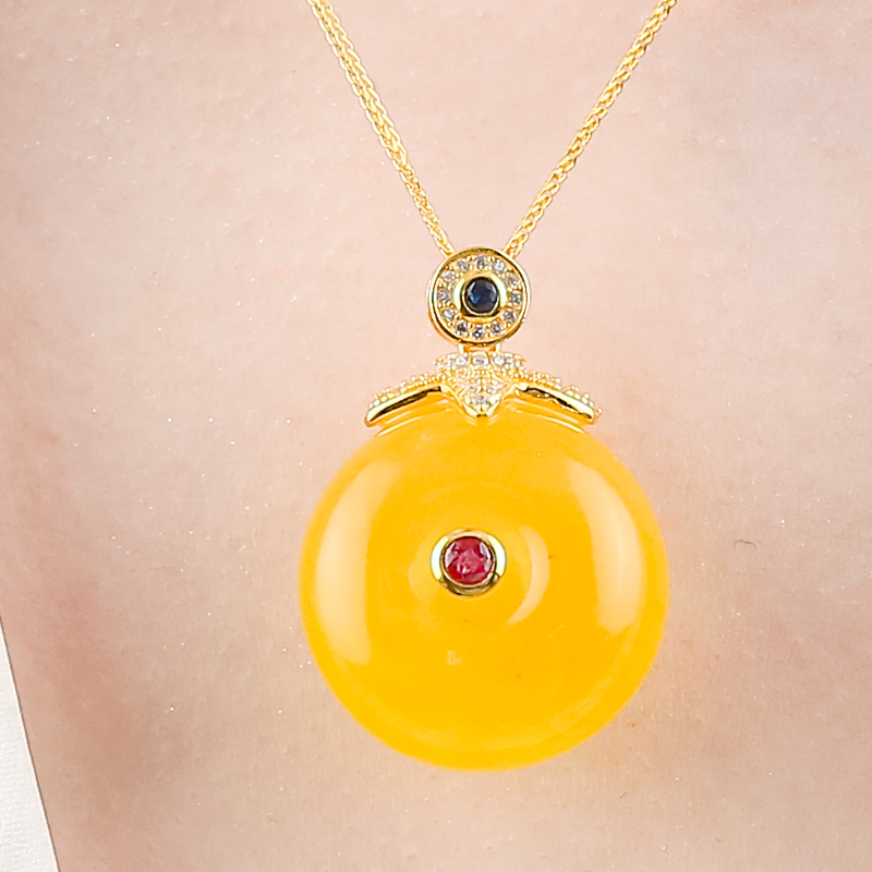925银镶嵌天然蜜蜡鸡蛋黄简约大气百搭蜜蜡圆款吊坠送女友送爱人