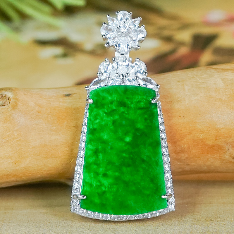 天然翡翠A货满绿925银镶嵌花朵扣头翡翠梯形无事牌吊坠送妈妈礼物