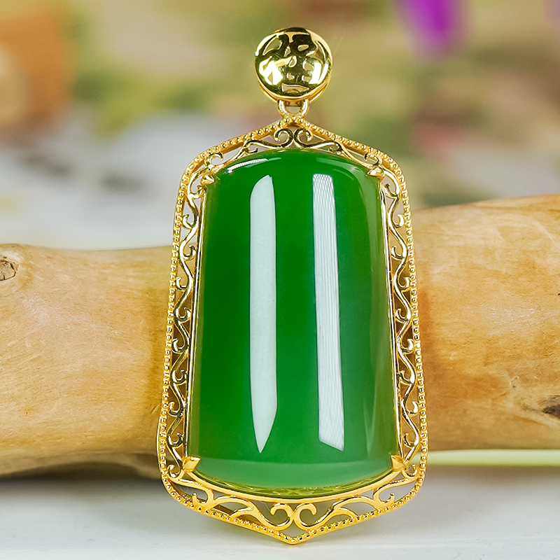 k金镶玉天然和田玉无事牌玉坠精致镂空福字设计碧玉厚庄扇形吊坠