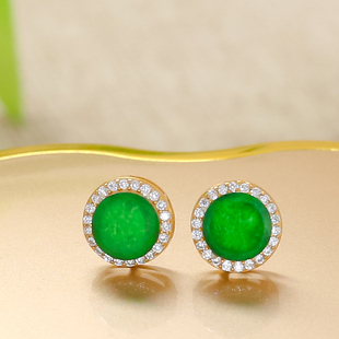 天然翡翠A货龙石种阳绿简约气质银镶嵌耳钉耳环送妈妈送爱人礼物