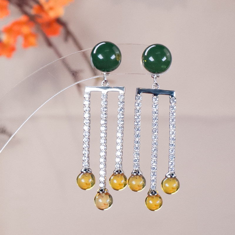 S925银镶嵌天然琥珀圆珠耳环气质流苏设计感耳坠耳钉送妈妈送爱人