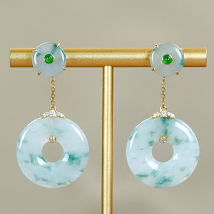 14K金镶玉天然翡翠A货冰润冰透飘蓝花大小圆平安扣甜甜圈耳钉耳环