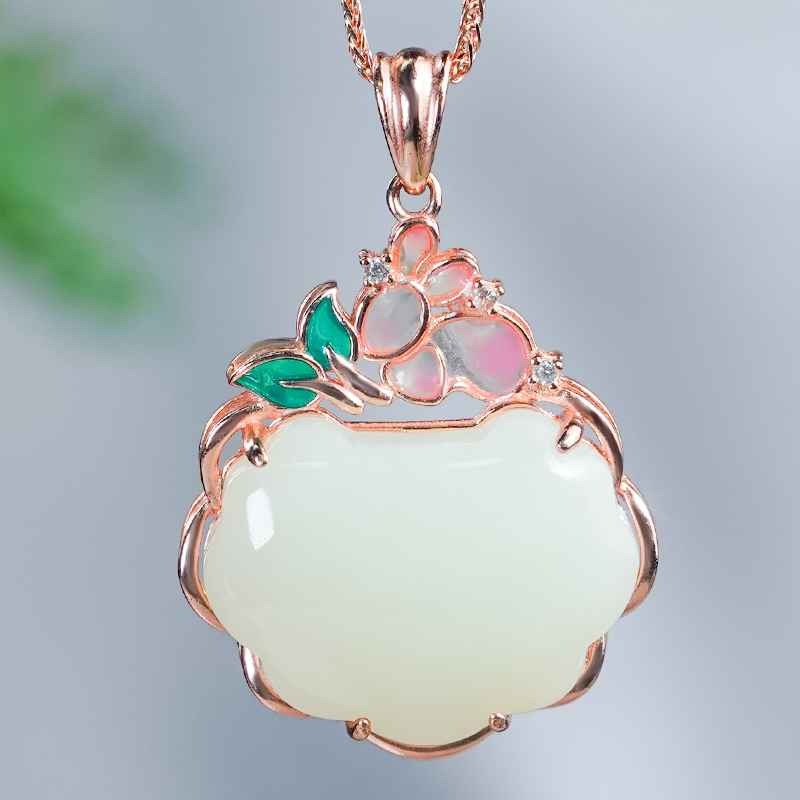 洛丽亚天然和田玉吊坠镶嵌新中式国风荷叶如意锁玉坠（玫瑰金）