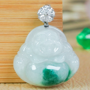 银镶嵌天然翡翠佛公吊坠A货时尚简约雕刻冰飘花翡翠玉佛项链
