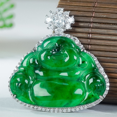 天然翡翠佛公吊坠A货冰辣阳绿