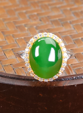 新款戒指天然和田玉时尚百搭满绿碧玉猫眼戒指金色款托底节日送礼