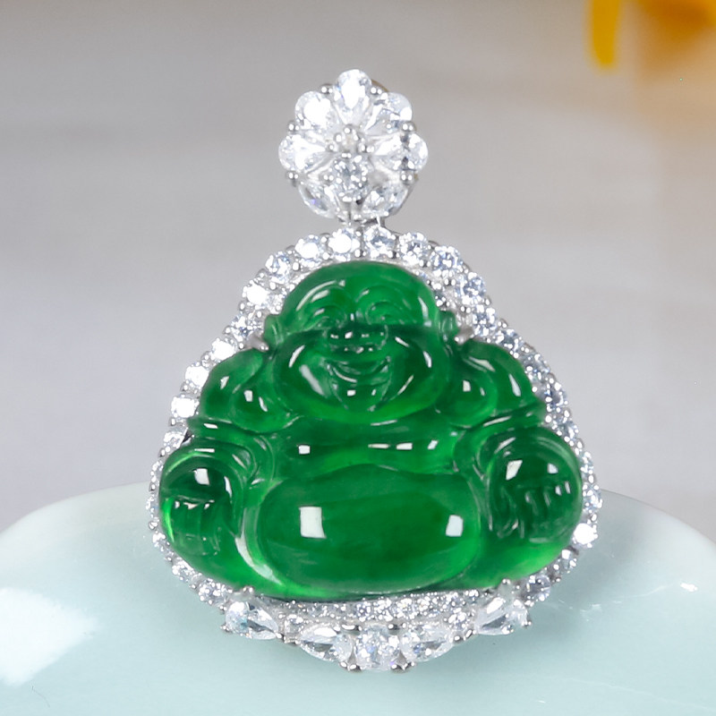 天然翡翠A货时尚精致百搭满辣绿大肚弥勒佛佛公吊坠送老婆送姐妹