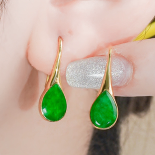18k金镶嵌天然翡翠耳环A货时尚音符设计满绿龙石水滴耳钩