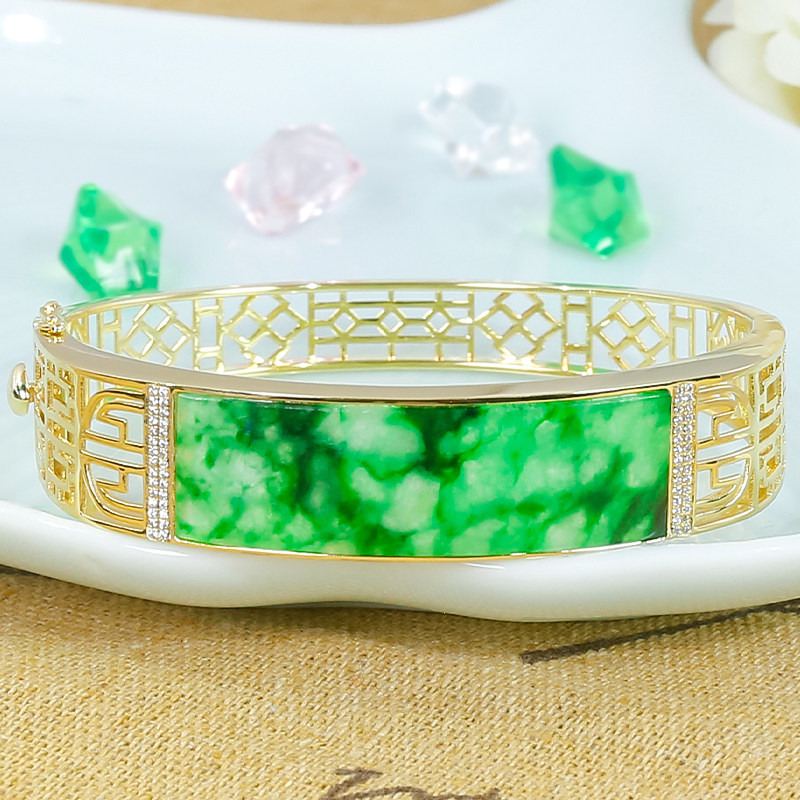 新中式雕花高级设计感天然阳绿翡翠银镶嵌贵妃手镯