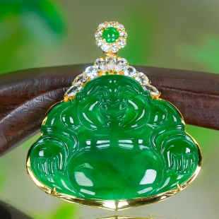 14K金镶玉天然冰辣绿翡翠a货精致手工雕刻开怀大笑弥勒佛公吊坠