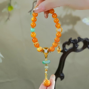 送爱人天然蜜蜡银镶嵌时尚大气蜜蜡圆珠平安扣三通手串情人节礼物