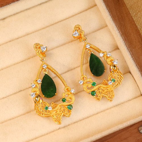 天然翡翠A货精致复古风新中式水滴设计银镶耳钉耳环耳坠 一对