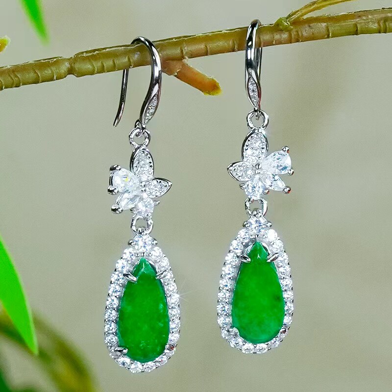 天然翡翠A货银镶嵌精致豪镶蝴蝶设计满绿龙石翡翠水滴耳环