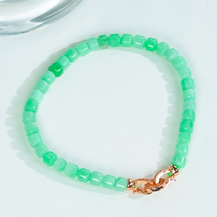 天然翡翠手链a货老款珠子满阳绿米珠万能扣手串（玫瑰金）