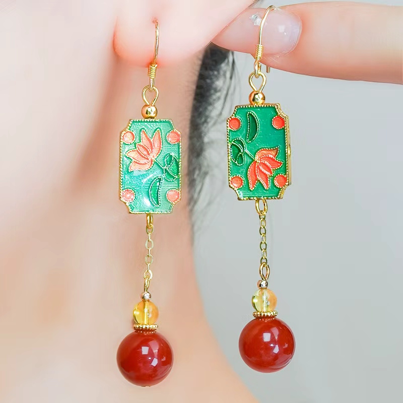 天然红玛瑙大小圆珠耳环耳钩耳坠