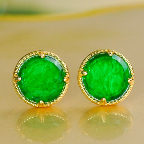 情人节礼物银镶嵌天然翡翠耳饰a货满绿龙石翡翠绿圆牌耳钉（大号