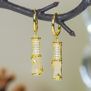 新中式 国风耳环银镶天然和田玉白玉满锆镶嵌竹节设计感耳扣耳包