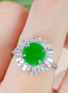 打麻将戴的天然翡翠A货时尚高级感满绿翡翠龙石种银白色圆牌戒指